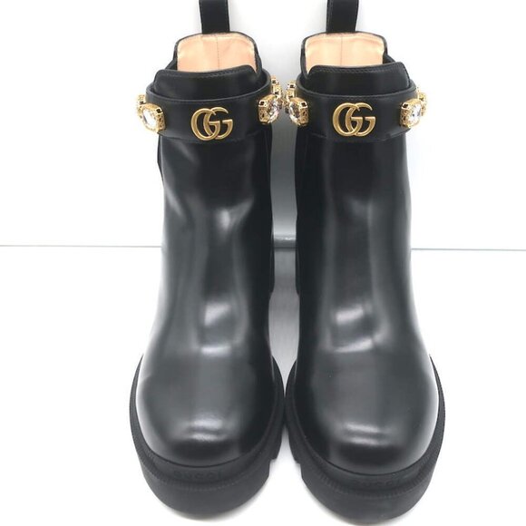 Gucci Trip Jeweled Strap Chelsea Boots Black Leather Size 39.5 NEW - Picture 4 of 11